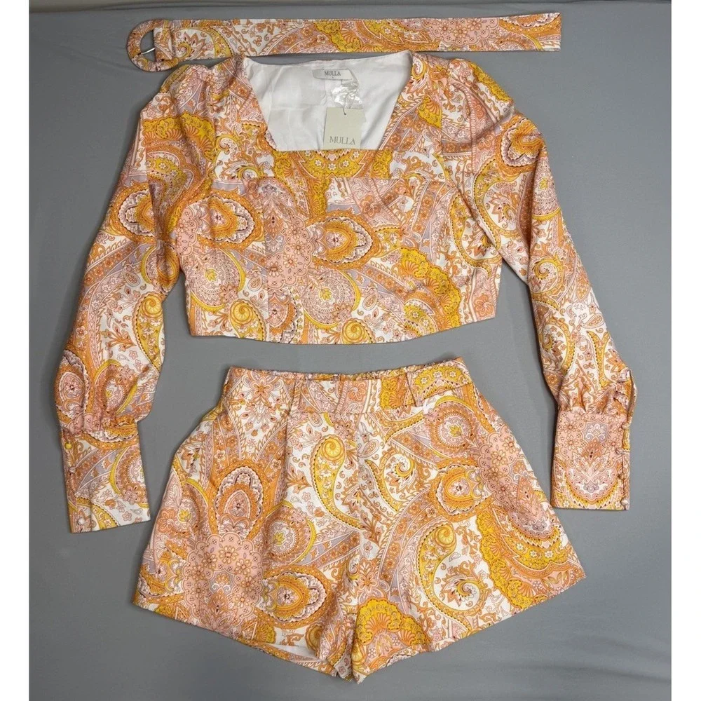 Mulla Linen Paisley Crop Top and Shorts Set L Orange White W/Belt Lined Party